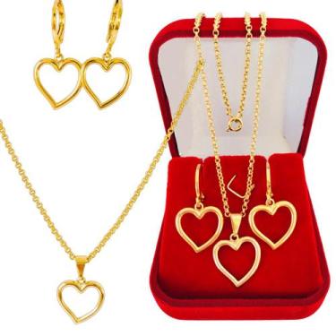 Imagem de Kit Conjunto Colar e Brinco Corações Vazado Banhado a Ouro 18k - Dinis