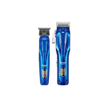 Imagem de Combo Maquina de Corte e Acabamento Profissional Kemei Km 2217, Azul e