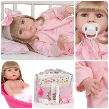 Imagem de Bebê Reborn Loira Realista + Pagão Rosa Com Roupão Enxoval - Cegonha R