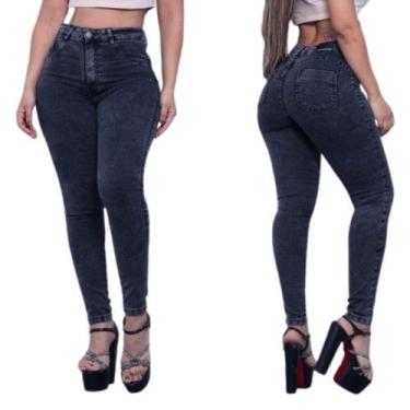 Imagem de Calça Cigarrete Feminina Jeans marmorizada/Chumbo Cintura alta com lyc