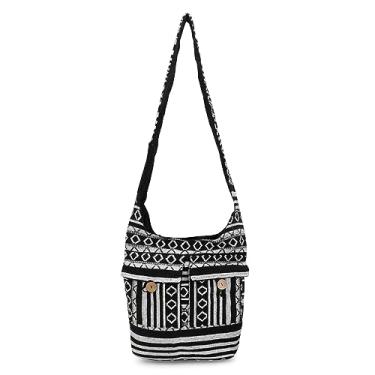 Imagem de LONGING TO BUY Bolsa tiracolo de algodão Hobo Sling Bag Handmade Messenger Bolsas de ombro para mulheres e meninas, Preto e branco