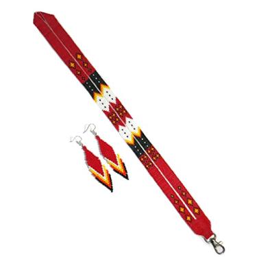 Imagem de Cordão de contas com brincos de contas combinando, cordão de estilo nativo americano, porta-crachá com contas, porta-cartão de identificação, Vermelho (Padrão 2), tamanho �nico