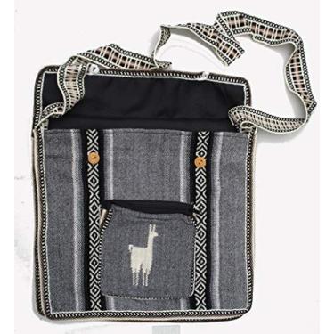 Imagem de Bolsa mensageiro peruana sul-americana com listras de lã de alpaca e lhama hippie, Cinza claro, Medium