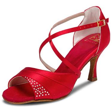 Imagem de JIAJIA 20522 Sandália Feminina de Cetim Salto Flare 7,5cm Sapato para Dança Latina Salsa Profissional Cor Vermelho,Tamanho BR 40/EU 42