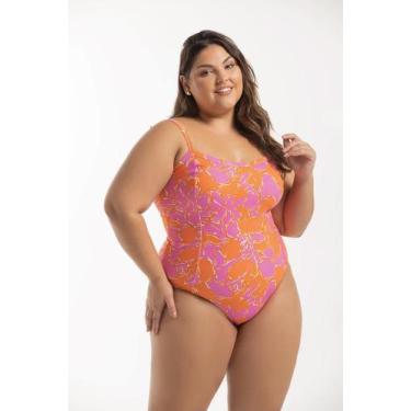 Imagem de Maiô Alças Fixas Estampado Plus Size - Cor De Cacau, 50, Floral rosa, 