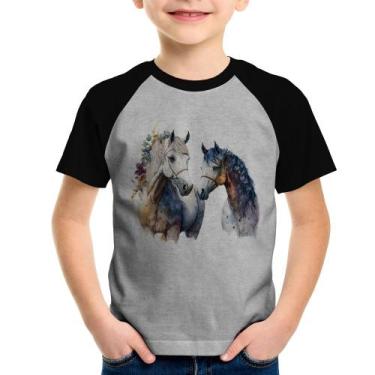 Imagem de Camiseta Raglan Infantil Casal de Cavalos Watercolor - Foca na Moda, C
