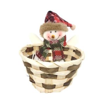 Imagem de Cesto Natalino Palha de Bambu Decorado Boneco de Neve Pelúcia 15cm - M