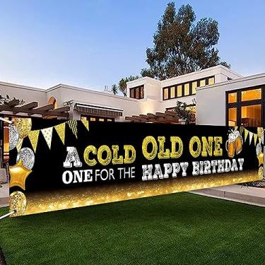 Imagem de DOTOOMA 318 x 50 centímetros A Cold Old One For The Happy Birthday Yard Banner Banner Sign Black Gold Flash Balloon Beer 30º 40º 50º Aniversário Festa Banner Decoração Mesa de Bolo Adereços de Estúdio