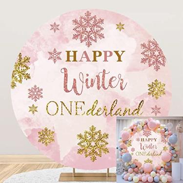Imagem de DORCEV Capa de fundo redonda de poliéster para inverno, Onederland, 2 x 2 m, Happy Winter Onederland, flocos de neve dourados, rosa, meninas, 1º aniversário, decoração de festa de aniversário,