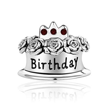 Imagem de MiiFort Pingentes de bolo de feliz aniversário com pedras de nascimento compatíveis com pingentes Pandora Moments Braceletes vela coroa celebração contas, Metal, Zircônia cúbica