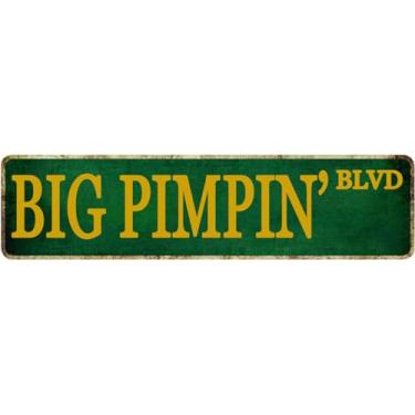 Imagem de Masleo Decoração de Quarto Placa de Rua Engraçada Big Pimpin Blvd Placa de Lata Big Pimpin Placas de Rua para Quarto Decoração Engraçada para Casa Placas Engraçadas para Quarto Dec (, Verde Amarelo)