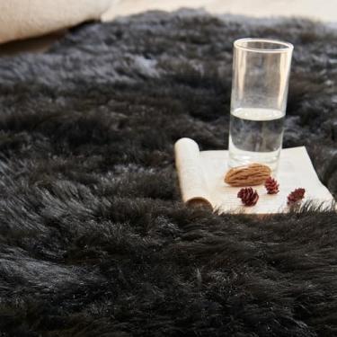 Imagem de Tapete macio e fofo para quarto, tapete de pele, tapete de cabeceira para crianças, almofadas de sofá de pele de carneiro, tapete peludo para sala de estar, preto, 40x60cm