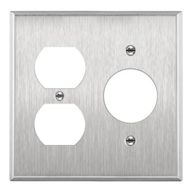 Imagem de ENERLITES Placa de parede de metal com orifício de 3,5 cm com tomada dupla ou tomada única, resistente à corrosão, tamanho 2 aparelhos, 11,4 cm x 11,6 cm, 772151, 430 aço inoxidável, certificação UL, prata