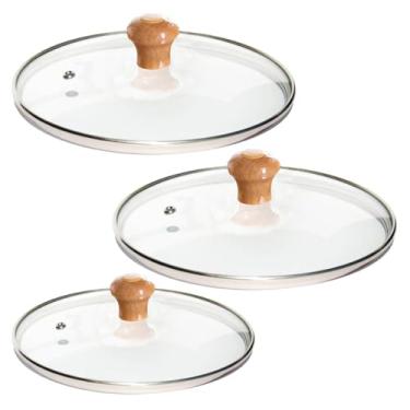 Imagem de Kit 3 Tampas de vidro temperado 28, 28 e 26cm para panelas e frigideiras com pomel puxador madeira (Pomel de madeira)