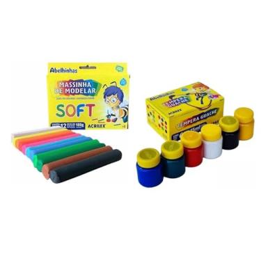 Imagem de Kit de Massinha De Modelagem 12 cores e Tinta Guache 6 Cores Escolar Artesanato Casa