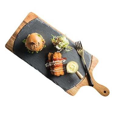 Imagem de Espaçoso Tábua de charcutaria longa para pizza bandeja de madeira com borda natural placas de pedra individuais para queijo, carne, aperitivos Multifuncional