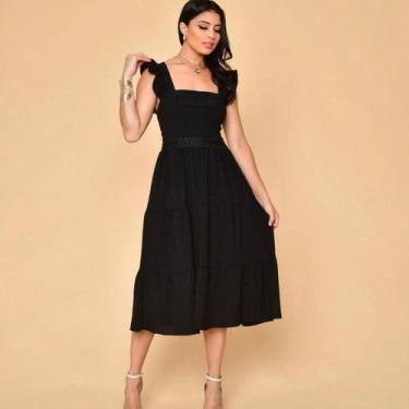 Imagem de Vestido midi luxo duna lisa com babada na manga e renda na cintura 001