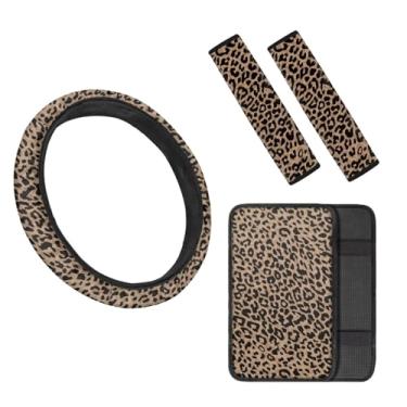 Imagem de TOADDMOS Capas de volante com estampa de leopardo marrom para carro moderno almofada de console central almofadas de cinto de segurança macias conjunto de acessórios de carro para mulheres homens