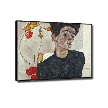 Imagem de Impressão em tela clássica de arte de parede de Egon Schiele-Famous Reprodução de pinturas a óleo - autorretrato com Physalis quadro de arte emoldurada para decoração de casa 50 x 65 cm (48.3x66.0 cm)