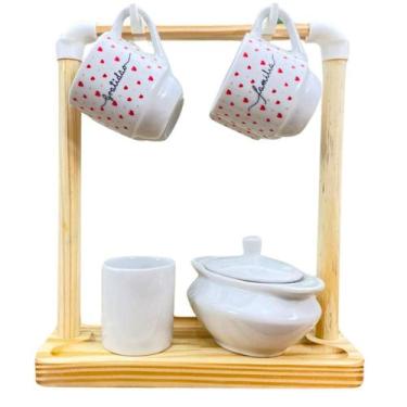 Imagem de kit café 7 peças - Porcelana poá vermelho c/ Suporte pinus - Antilope 