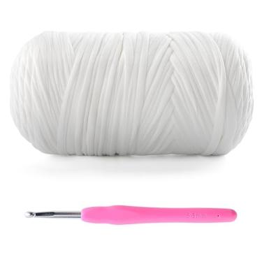Imagem de Fio de camiseta para crochê - 400 g/130 m para sacos de crochê/cestas/decoração de casa - fio de camiseta de tecido elástico macio com 1 gancho de crochê (1, branco)