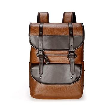 Imagem de Mochila Masculina de Couro Mochila Grande para Laptop Masculina Bolsa Retrô Masculina Patchwork Cor Marrom Preto(Auburn)