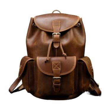 Imagem de Mochila de couro genuíno retro masculina mochila elegante bolsa de viagem masculina 18 polegadas(Khaki)