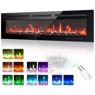 Imagem de Lareira Elétrica EUHOMY de 127cm Embutida e Montada na Parede com Chama Colorida Ajustável, Aquecedor de Ambiente c/ Controle Remoto