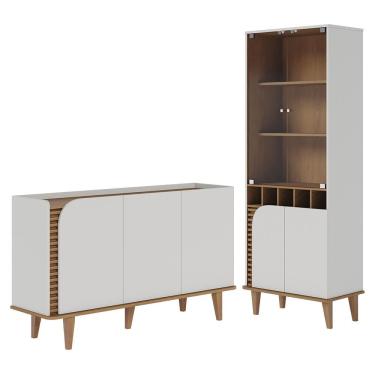 Imagem de Sala de Jantar Jurerê com Cristaleira e Buffet Aparador - Colibri Off White Matte/Freijó