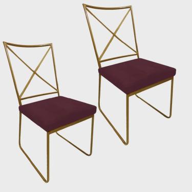 Imagem de Kit 02 Cadeiras Sala de Jantar Escritório Office Clark Industrial Ferro Dourado Suede Bordô - Ahz Móveis