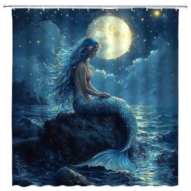 Imagem de VPUPCN Cortina de chuveiro sereia azul linda sereia meninas oceano céu estrelado lua cheia fantasia vida marinha náutica cortinas de poliéster decoração de banheiro com ganchos 177,8 cm L x 180 A