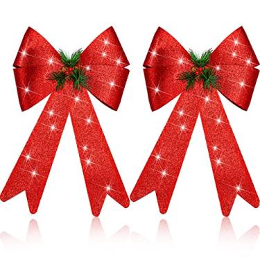 Imagem de 2 peças de guirlanda de natal arco com decoração de pinha grande laço de glitter de natal guirlanda vermelha arco de juta porta de inverno decoração de parede topo de árvore de Natal para decoração de natal interior ao ar livre natal inverno decoração, 45 x 25 centímetros