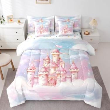 Imagem de Feelyou Conjunto de cama solteiro de princesa, 7 peças, castelo e sonhador, com lençol de jardim e princesa em uma bolsa, para meninos e meninas, 7 peças