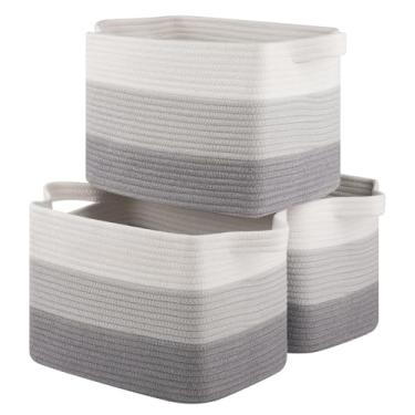 Imagem de OIASKET Cesta De Armazenamento Para Organização, Cestas Vime Armazenamento, Decorativas Retangulares Prateleiras, Armários, Brinquedos, Livros, Caixas Organizadoras Berçário - Pacote Com 3 (Cinza De