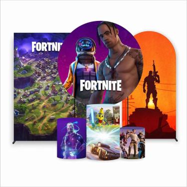 Imagem de Kit Painel de Festa Redondo de 1,30m, Trio de Cilindros, Painel Lateral e Romano Fortnite - Fera Print