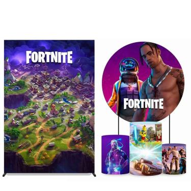 Imagem de Kit Painel de Festa Redondo 1,50m, Trio de Cilindros e Painel Lateral Fortnite - Fera Print