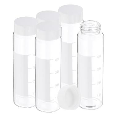 Imagem de PATIKIL Frascos pequenos de amostra de vidro com tampas, 5 frascos de vidro transparente de 50 ml com tampas de rosca brancas, mini frascos selados de reagente à prova de vazamento com etiqueta de