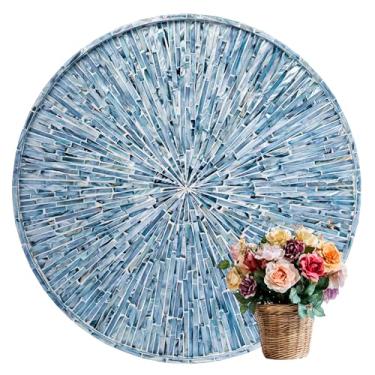 Imagem de PEMAR Bandeja redonda de 56 cm em madrepérola extra grande com bordas elevadas, bandeja decorativa de madeira de luxo grande para alimentos, mesa de café, café da manhã na cama (luz solar azul)