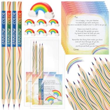 Imagem de Spakon Conjunto de 12 presentes de fim de ano para estudantes, a granel, 24 lápis de cor arco-íris, 12 borrachas arco-íris, 12 cartões de formatura, 12 sacos autoadesivos transparentes de papelaria