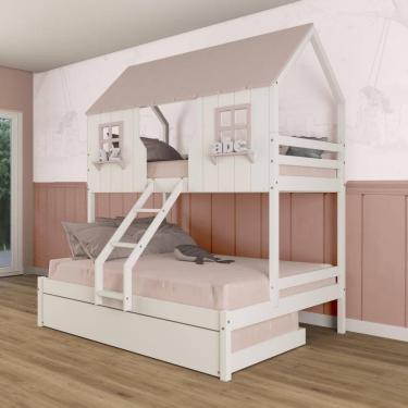 Imagem de Treliche Casal/ Solteiro Casinha Encantada Madeira Maciça Branco/ Rosa Megamobilia