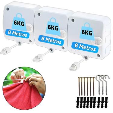Imagem de Varal Retrátil Modular 3 Peças Automático 6 Metros Cada Com Trava para Apartamento e varanda