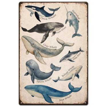 Imagem de SUPERDANT Baleias Placas de metal ilustrações de baleia placa de estanho oceano animal vintage placas de lata arte educativa vida marinha decoração retrô para sala de estar, quarto, sala de aula