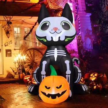 Imagem de GOOSH Infláveis De Halloween 5 Pés, Esqueleto Gato, Decoração Para Áreas Externas, Quintal Inflável, Fofo, Preto, Com Abóbora, Leds Embutidos Jardim, Gramado, Festa Interna