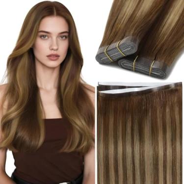 Imagem de Lacer Wide Tape In Hair Extensions 20" Humano Castanho Chocolate A Loiro Caramelo Com Raízes Invisíveis Sedosas E Lisas, Uma Peça De Trama 50G