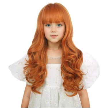 Imagem de Edivd Peruca Ruiva Laranja Para Crianças, Meninas, Longa Com Franja, Escuro, Ondulada, Cacheada, Resistente Ao Calor, Sintética