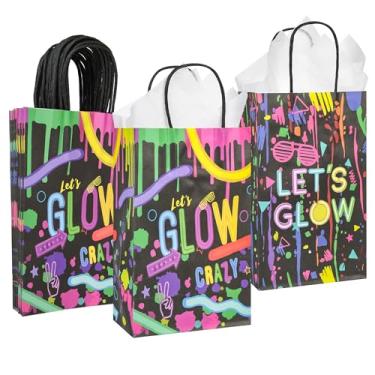 Imagem de DjinnGlory Pacote com 36 sacos de presente pretos de tamanho pequeno com alças e papel de seda para festas de aniversário, 23 x 14 x 8 cm (designs LET'S GLOW PARTY)