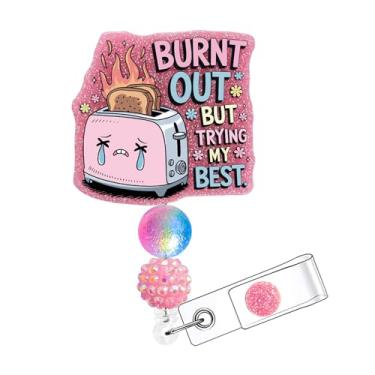 Imagem de Horee Carretel de crachá retrátil com clipe jacaré, porta-cartão de identificação de enfermeira de acrílico com glitter, design engraçado rosa brilhante (Trying My Best)