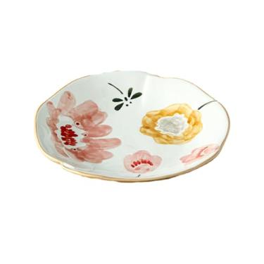 Imagem de Prato profundo de cerâmica redonda pintada à mão estilo pastoral japonês - Prato raso Flower World - 20 cm