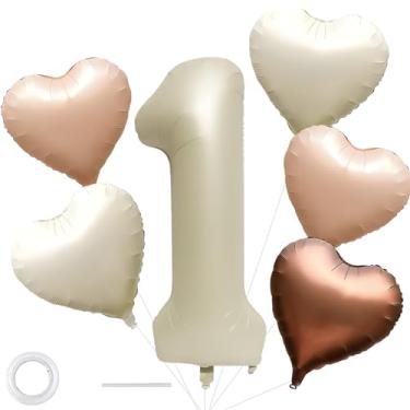 Imagem de Balões de aniversário número 1 branco creme de 101,6 cm, branco leitoso, grande, de hélio, número Mylar, com 5 peças de balões de coração para decoração de primeiro aniversário de um ano de menina e