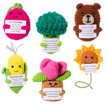Imagem de Wesiti Conjunto de 6 peças de mini boneca de tricô com suporte positivo feito à mão com cartão positivo para mulheres, amigas, presentes de aniversário, incentivo e decoração de escritório em casa